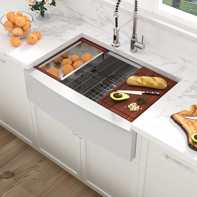 Sarlai 33 Farm Sink Stainless Steel - 33 x 22 Inch Farmhouse Kitchen Sink Ledge Workstation Apron Front Single Bowl 16 Gauge Stainless Steel Luxury Kitchen Farmer Sinks Basin