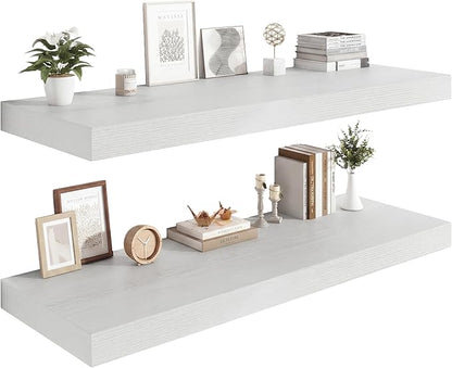 Heimlove 12 Inch Deep Floating Shelves,Large Display Shelf & Storage Shelf,Rustic Wood Wall Shelves,48" W x 12" D x 2" H,Set of 2,White