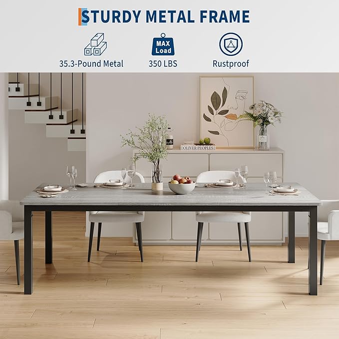 GarveeHome 78.7 in Industrial Dining Table for 6, Wooden Long Dinner Table with Mortise Tenon Design, Kitchen Table with Sturdy Metal Legs, for Dining Room Home Office Living Room, Grey