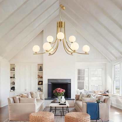 Glass Globe Chandeliers for Dining Room，12-Light Gold Sputnik Light Fixture Milk White Globe Glass Modern Chandeliers for Living Room Kitchen Light Fixture