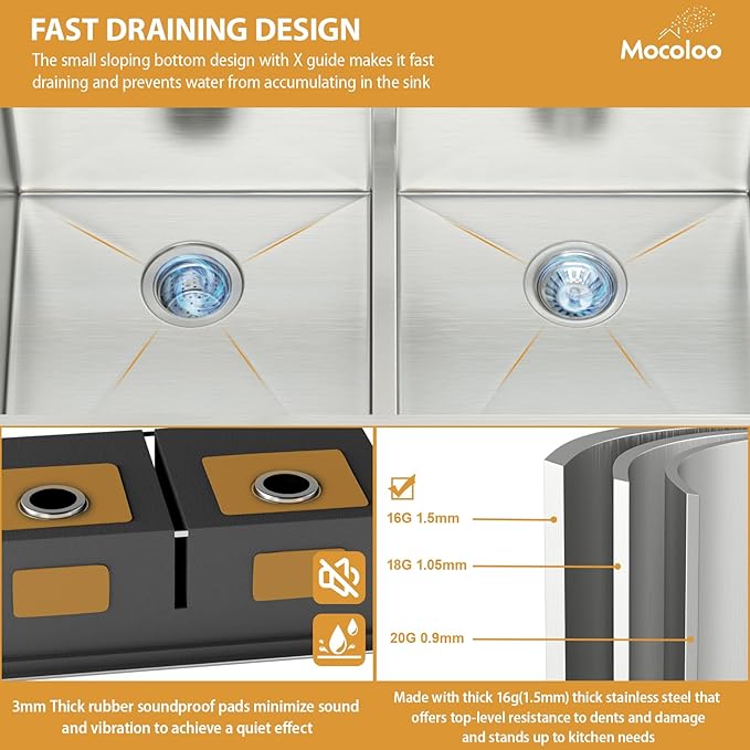 Mocoloo 36 Inch Undermount Double Bowl Kitchen Sink - 36 x 19 Workstation 16 Gauge Stainless Steel Low Divide 50/50 Bowl Handmade with 2 Basins