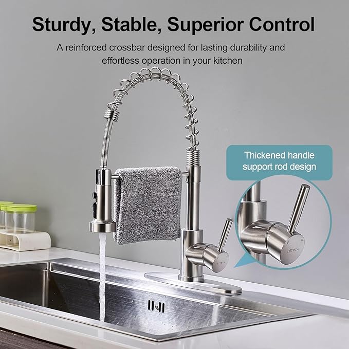 Kitchen Faucets with Pull Down Sprayer, Brushed Nickel Stainless Steel Single Handle Pull Out Spring Sink Faucet, 3 Function Sprayer 1 or 3 Hole Deck Plate for Farmhouse Laundry Rv Bar