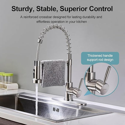 Kitchen Faucets with Pull Down Sprayer, Brushed Nickel Stainless Steel Single Handle Pull Out Spring Sink Faucet, 3 Function Sprayer 1 or 3 Hole Deck Plate for Farmhouse Laundry Rv Bar