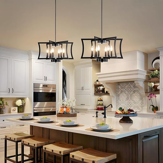 SIBRILLE 22.84" Black Metal Pendant Light, 6-Light Dining Room Light Fixture Modern Industrial Geometric Chandelier Lighting, Suitable for Villa Foyer, Kitchen Islands, and Farmhouse Living Rooms