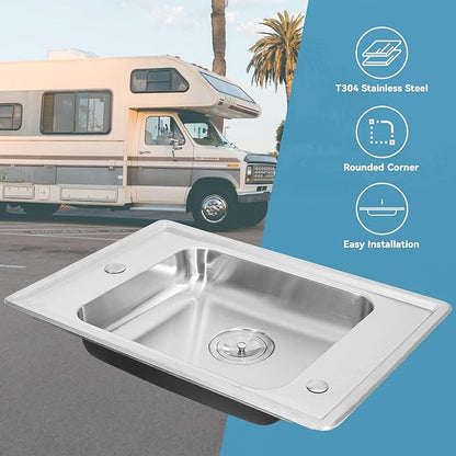 MILOSEN 25''x17'' RV Kitchen Sink, T304 Stainless Steel Drop In Top Mount Camper Sink, Single Bowl Basin with Pre-Drilled Holes & Strainer, 4" Deep Anti-Splash Sink for Mobile Building