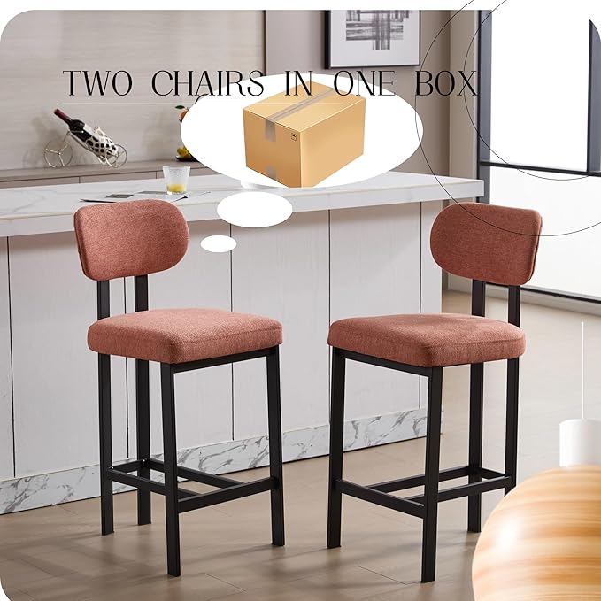 Bar Stools Set of 2, 26 inch Upholstered Fabric Counter Height Bar stools, Kitchen Island Chairs with Black Metal Legs for Dining Room,Kitchen Island,Bar