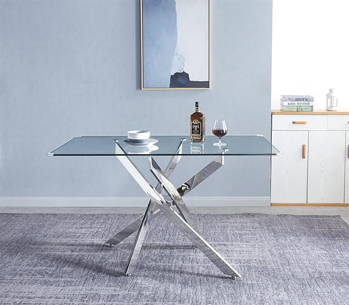 51" Glass Dining Table for 4, Contemporary Rectangular Dining Room Table with Tempered Glass Top & Silver Finish Stainless Steel Legs, Modern Kitchen Table for Home Office