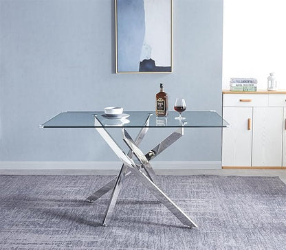 51" Glass Dining Table for 4, Contemporary Rectangular Dining Room Table with Tempered Glass Top & Silver Finish Stainless Steel Legs, Modern Kitchen Table for Home Office