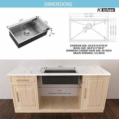 32 Kitchen Sink Undermount Workstation - Kichae 32x19 Undermount Kitchen Sinks Ledge Workstation 16-Gauge Stainless Steel Deep Single Bowl Under Counter Handmade Basin