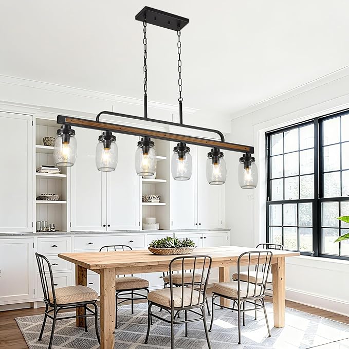 6-Light Rustic Farmhouse Dining Room Light, Black Mason Jar Chandelier Lighting Fixture for Kitchen Island, Dining Room, E26 Cluster Hanging Pendant Light with Jar Glass Shade