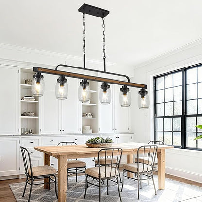 6-Light Rustic Farmhouse Dining Room Light, Black Mason Jar Chandelier Lighting Fixture for Kitchen Island, Dining Room, E26 Cluster Hanging Pendant Light with Jar Glass Shade