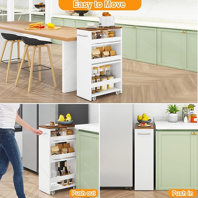 IBUYKE Slim Storage Cart, 4-Tier Skinny Rolling Cart, 7.9" Narrow Utility Trolley with Handle & Lockable Wheels,Thin Shelf for Kitchen, Laundry Room, Bathroom, Small Spaces,Space-Saving White WST005W