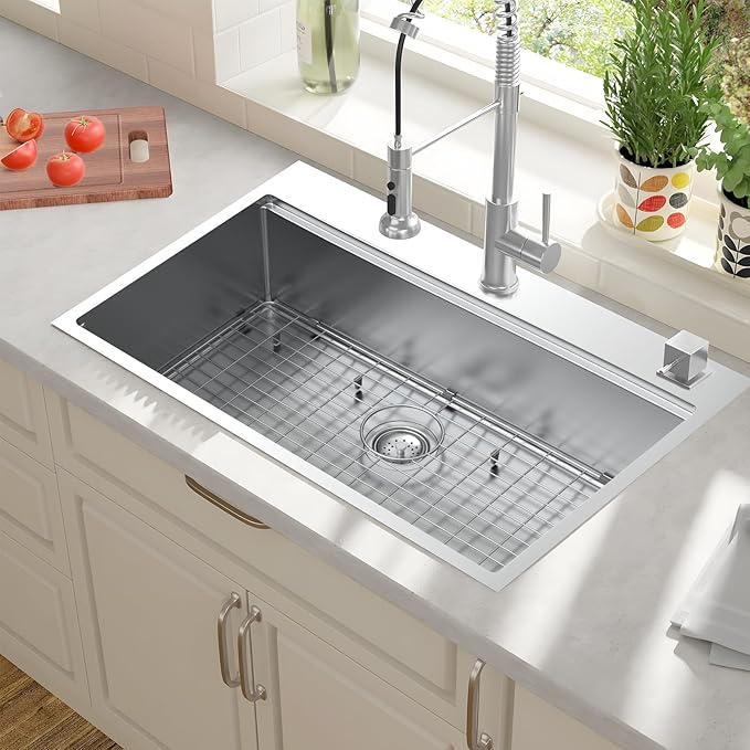 Undermount Kitchen Sink Workstation - 33x22 Inch Drop In Sink Workstation T304 18 Gauge Stainless Steel Single Bowl Kitchen Sinks with Accessories, Handmade Basin, 9 Inch Deep