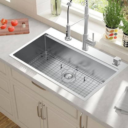 33-inch Undermount Kitchen Sink Workstation - 33x22 Inch Drop In Sink Workstation T304 18 Gauge Stainless Steel Single Bowl Kitchen Sinks with Accessories, Handmade Basin, 9 Inch Deep