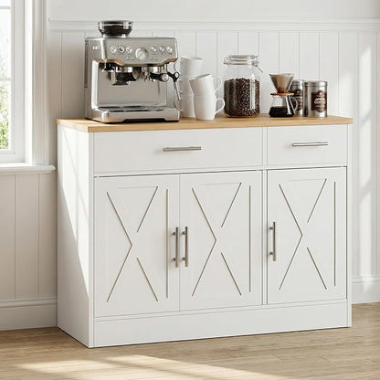 SUNLEI Sideboard Buffet Cabinet with Storage, Kitchen Storage Cabinet with 3 Doors and 2 Drawers, Farmhouse Coffee Bar with Adjustable Shelf for Living Room, White&Yellow