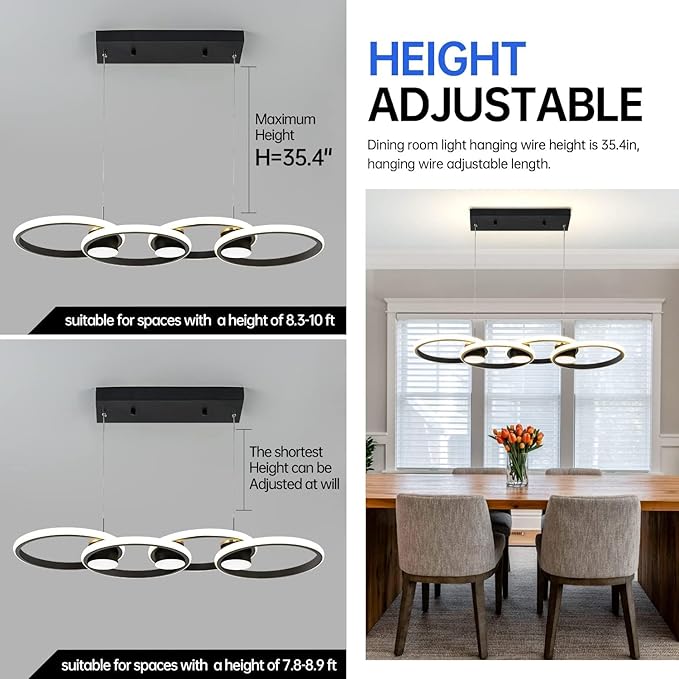 Modern LED Chandelier Light, 3000-6500K Dimmable Modern Pendant Light Fixture with Remote Control, Height-Adjustable Island Light Ceiling Hanging for Dining Room Kitchen (Black, 4Ring- 33IN)