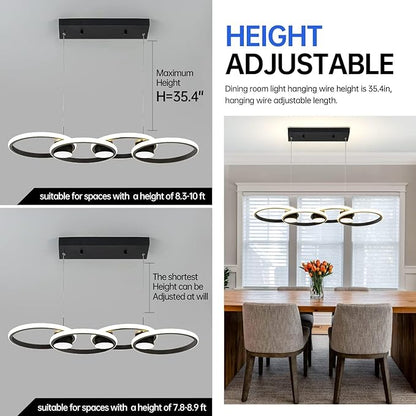 Modern LED Chandelier Light, 3000-6500K Dimmable Modern Pendant Light Fixture with Remote Control, Height-Adjustable Island Light Ceiling Hanging for Dining Room Kitchen (Black, 4Ring- 33IN)