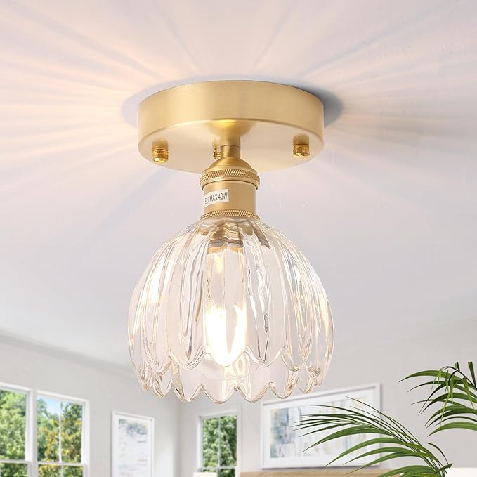 Shenmoyl Semi Flush Mount Gold Vintage Lights Fixture, Clear Tulip Glass, Bulb Included, 4.72" Base Modern Ceiling Light for Porch, Corridor, Kitchen, Bedroom