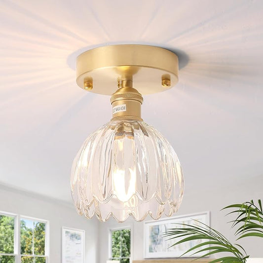 Shenmoyl Semi Flush Mount Gold Vintage Lights Fixture, Clear Tulip Glass, Bulb Included, 4.72" Base Modern Ceiling Light for Porch, Corridor, Kitchen, Bedroom