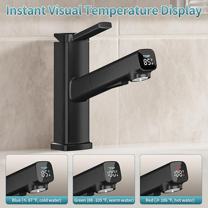 HANLIAN Pull Out Bathroom Faucet 1 Hole with Digital Temperature Display, Single Lever Bathroom Sink Faucet with Pull Down Sprayer, 3 Modes Single Handle Vanity Faucets One Hole with Swivel Spout