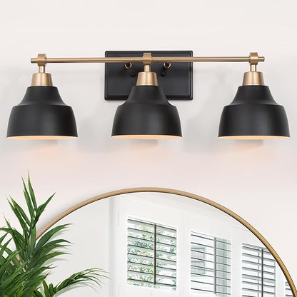 LALUZ Black Bathroom Vanity Light Fixtures, 3-Light Brass Modern Farmhouse Gold Vanity Wall Lamp Over Mirror with Metal Globe for Hallway, Bedroom, Kitchen, and Living Room