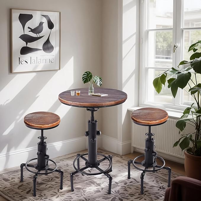 Kitchen Table Set, 3 Piece Pub Table Set, Modern Round bar Table and Stools for 2, Bistro Bar Height Table Industrial Bar Stools Height Adjustable Easy Assemble for Kitchen Dining
