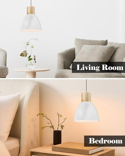 ELYONA 2 Pack Hammered Pendant Light Fixtures, 10.2” Metal & Rubber Wood Island Hanging Lamp, Adjustable Height, Modern Pendant Lighting for Kitchen,Farmhouse Bar,Dining Room,Bedroom, Nordic White