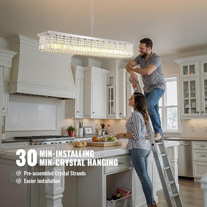 59-inch Modern Crystal Chandelier,13-Light K9 Crystal Rectangle Chandelier for Dining Room,Kitchen Island Adjustable Hanging Pendant Light Fixture,Chrome Finish