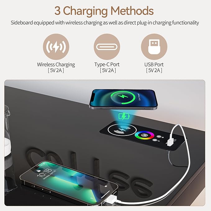 40" Wood LED Coffee Bar with Wireless Charging Station, Kitchen Storage Coffee Bar Cabinet with 2 Doors and 2 Shelves, RGB Modern Side Board Storage Cabinet for Kitchen(Black)