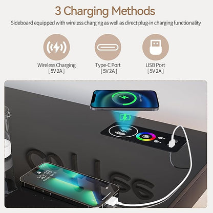 40" Wood LED Coffee Bar with Wireless Charging Station, Kitchen Storage Coffee Bar Cabinet with 2 Doors and 2 Shelves, RGB Modern Side Board Storage Cabinet for Kitchen(Black)