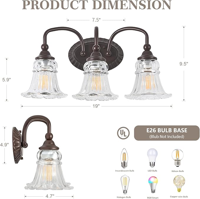 3-Light Bathroom Light Fixtures Vintage Oil Rubbed Bronze Vanity Lights Over Mirror with Floral Glass Shade for Bathroom Powder Room, Living Room Hallway