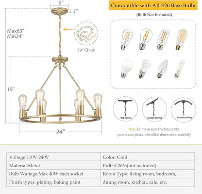 6-Lights Gold Chandelier | Dia 24'' Farmhouse Wagon Wheel Chandelier | Rustic Hanging Dining Room Light Fixture | Apply to Living Room | Kitchen Island | Entryway | Foyer