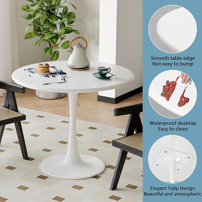 Recximi White Round Dining Table for 2 Person, 24 Inch Small Tulip Table with Metal Pedestal for Living Room, Mid Century Modern Kitchen Table for Kitchen, Office, Pub, Bar, Bistro, Circle Cafe Tables