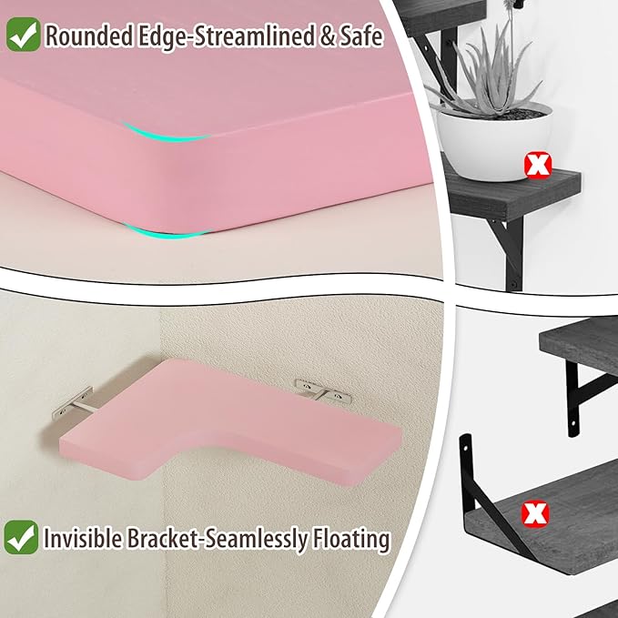 SAUMONIERES Corner Floating Shelves Wall Mount Shelf Solid Wood for Bedroom Bathroom Room Kitchen Storage Set of 3, Pink, Invisible Brackets
