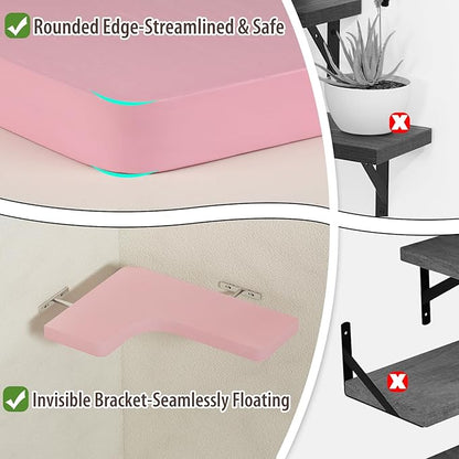 SAUMONIERES Corner Floating Shelves Wall Mount Shelf Solid Wood for Bedroom Bathroom Room Kitchen Storage Set of 3, Pink, Invisible Brackets