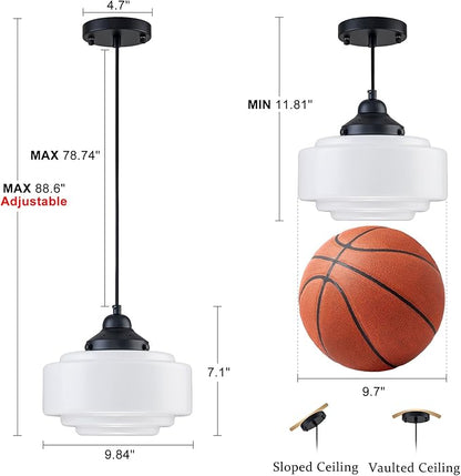 Schoolhouse Pendant Light 9.84" Vintage Milk Glass Chandelier Black Mid Century Modern Pendant Lighting Fixture for Kitchen Island Dining Room Living Room Hallway, Adjustable Height (E26)