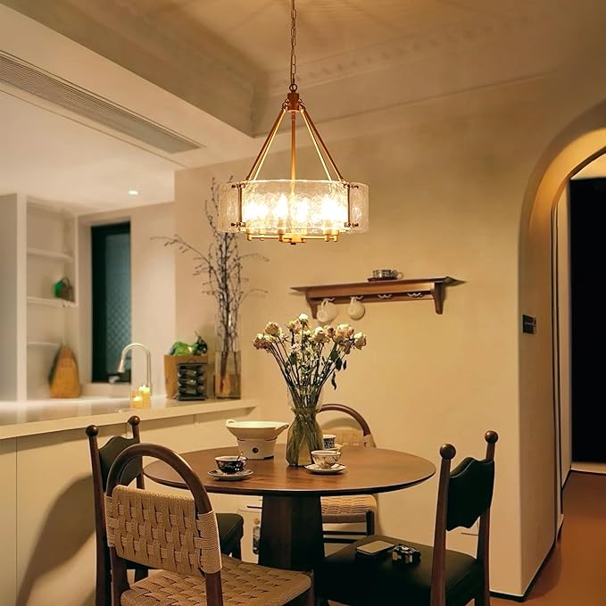 Gold Glass Chandelier for Dining Room Light Fixture, 19.69" Modern Drum Chandelier Textured Crystal Light Fixture for Kitchen Island Living Room Bedroom Foyer
