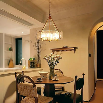 Gold Glass Chandelier for Dining Room Light Fixture, 19.69" Modern Drum Chandelier Textured Crystal Light Fixture for Kitchen Island Living Room Bedroom Foyer