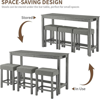 LKTART Kitchen Bar Table and Chairs Set, 4 Piece Bar Height Dining Table Set with Power Outlet and 3 Upholstered Stools Industrial Breakfast Nook, Small Space Living Room, Gray