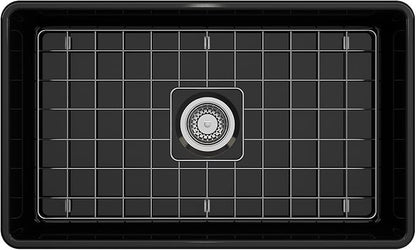 BOCCHI Classico Farmhouse Apron Front Fireclay 30 in. Single Bowl Kitchen Sink with Protective Bottom Grid and Strainer in Black