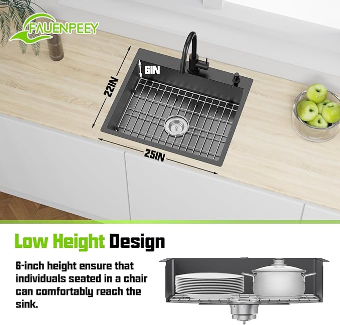 Black Kitchen Sink, 25x22x6 Inch Low Height Design Single Bowl Stainless Steel Drop In Kitchen Sink Come With Accessories Ensure Individuals With Limited Mobility Easily Accessing And Using