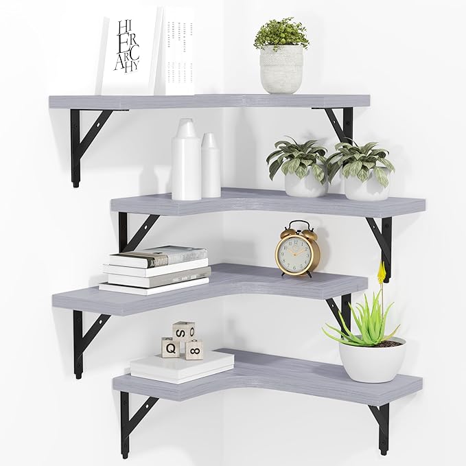 ROMGUAR CRAFT Corner Floating Shelves Wall Mounted Set of 4, Rustic Wood Storage Display Wall Shelves for Home Decor, Bathroom, Kitchen, Bedroom, Living Room, Office (Light Grey)