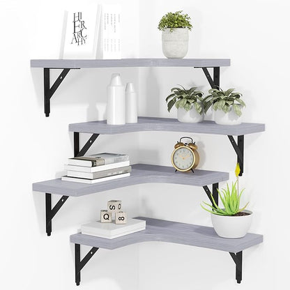 ROMGUAR CRAFT Corner Floating Shelves Wall Mounted Set of 4, Rustic Wood Storage Display Wall Shelves for Home Decor, Bathroom, Kitchen, Bedroom, Living Room, Office (Light Grey)