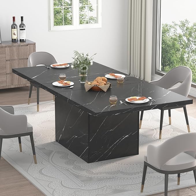 HSH 55 inch Dining Room Table for 4, Modern Black Faux Marble Dining Table, Rectangle Kitchen Table with Heavy Duty Pedestal, Industrial Wood Dinner Desk for Home Living Room, Black Marble, 55 Inch