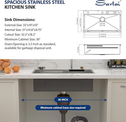 Sarlai Waterfall Kitchen Sink Drop In - 33 Inch Waterfall Drop Workstation 33 x 19 Inch Stainless Steel 16 Gauge Multifunction Single Bowl Smart Top Mount Kitchen Sink with Faucet Combo