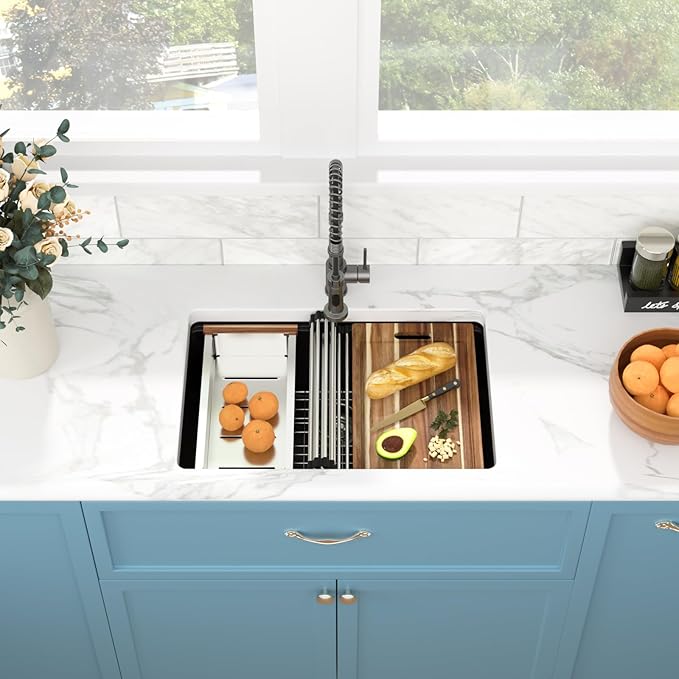 Sarlai Granite Composite Kitchen Sink - 28 Inch Black Undermount Kitchen Sink Ledge Workstation 28 x 19 Inch Matte Black Granite Quartz Composite Under-Mount Single Bowl Sinks Basin