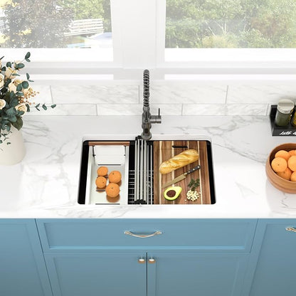 Sarlai Granite Composite Kitchen Sink - 28 Inch Black Undermount Kitchen Sink Ledge Workstation 28 x 19 Inch Matte Black Granite Quartz Composite Under-Mount Single Bowl Sinks Basin
