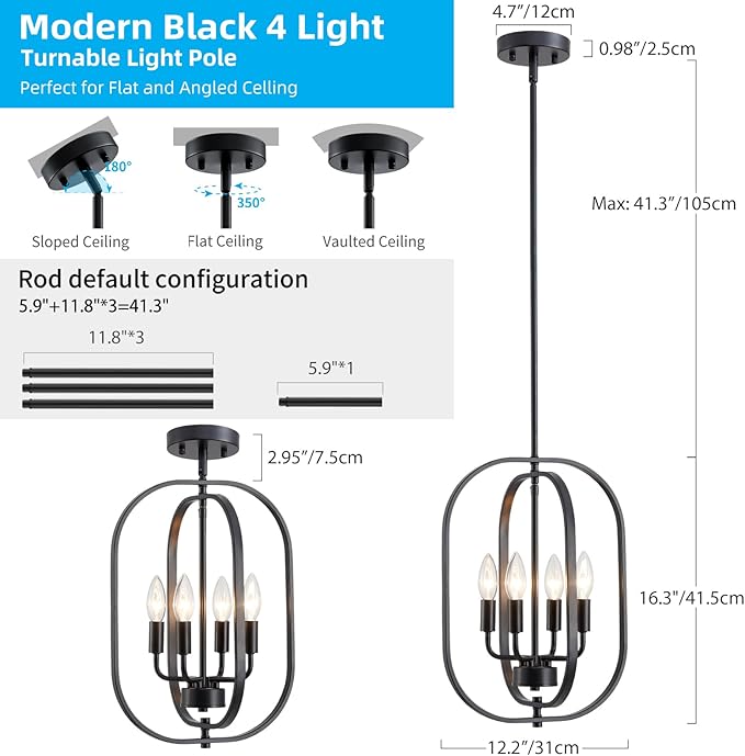 XINGQI Modern Chandeliers for Dining Room, 12.2" Farmhouse Rustic Geometric Pendant Lighting Fixture Metal Black 4-Light Ceiling Lamp for Entryway Bedroom Hallway Foyer Kitchen Office Bar