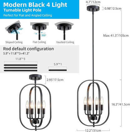 XINGQI Modern Chandeliers for Dining Room, 12.2" Farmhouse Rustic Geometric Pendant Lighting Fixture Metal Black 4-Light Ceiling Lamp for Entryway Bedroom Hallway Foyer Kitchen Office Bar