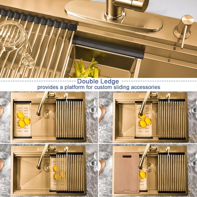 33 Inch Gold Kitchen Sink Drop In Workstation-Hovheir 33x22 Drop In Top Mount Kitchen Sink 16 Gauge Stainless Steel Single Bowl Deep Brushed Gold Sinks with Cutting Board